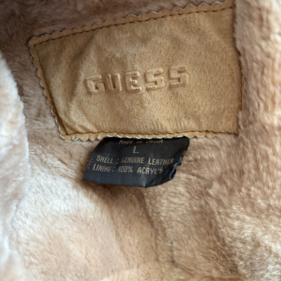 GUESS Genuine Leather Shearling Coat Tan Long Vintage 90s Y2K Size L - Picture 13 of 13